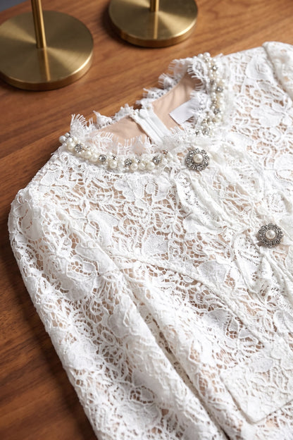 White Floral Corded Lace Fitted Cropped Jacket with Flared Mini Skirt Two-Piece Set white floral corded lace two-piece set - product view 7