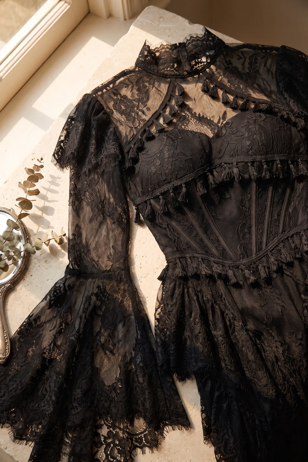 Black Floral Lace A-Line Gown with Structured Bodice and Tiered Skirt black floral lace gown - product view 7