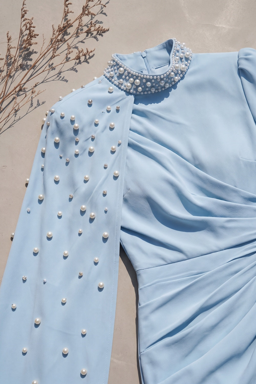 Light Blue Crepe Column with Asymmetrical Cape Evening Gown light blue crepe evening gown - product view 7