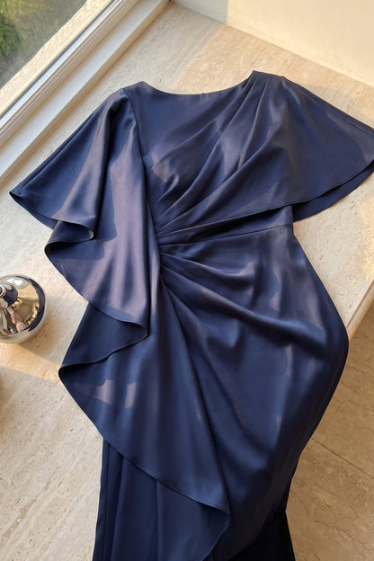 Navy Blue Satin Column Evening Gown with Asymmetrical Drape navy blue satin evening gown - product view 7