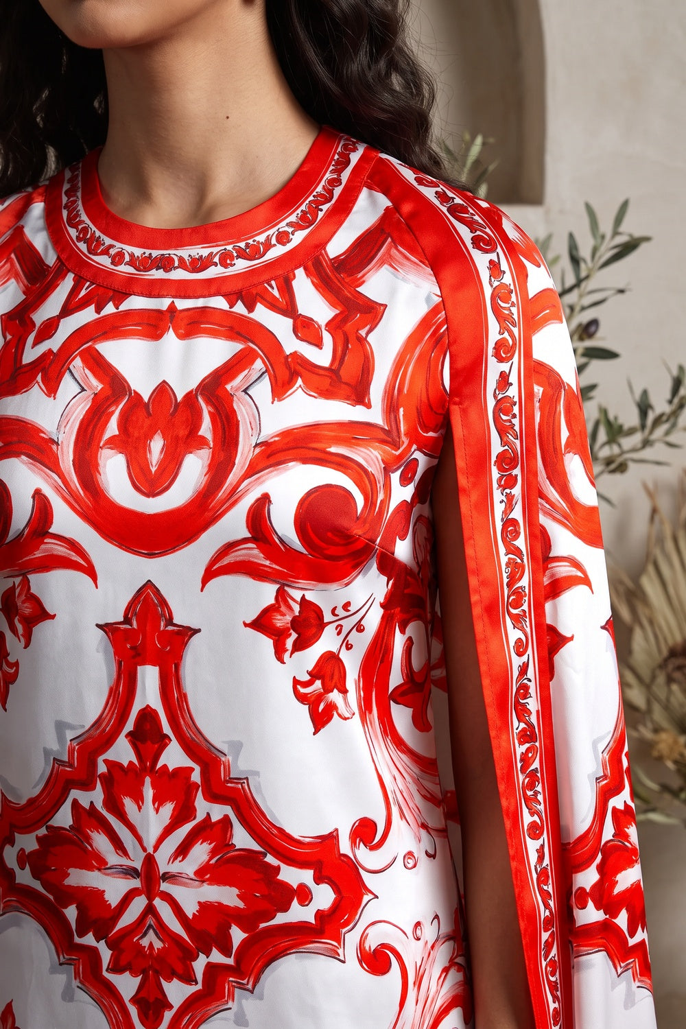 White Majolica Tile Print Cape Dress White Satin or silk crepe Cape dress - product view 7