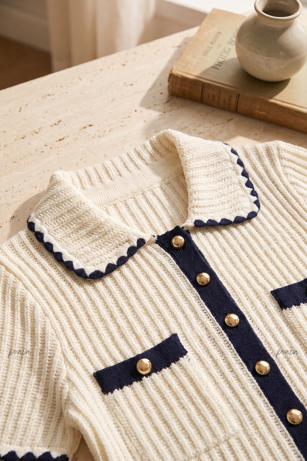 Cream Ribbed Knit Peplum Short-Sleeve Cardigan cream ribbed knit short-sleeve knit cardigan - product view 7