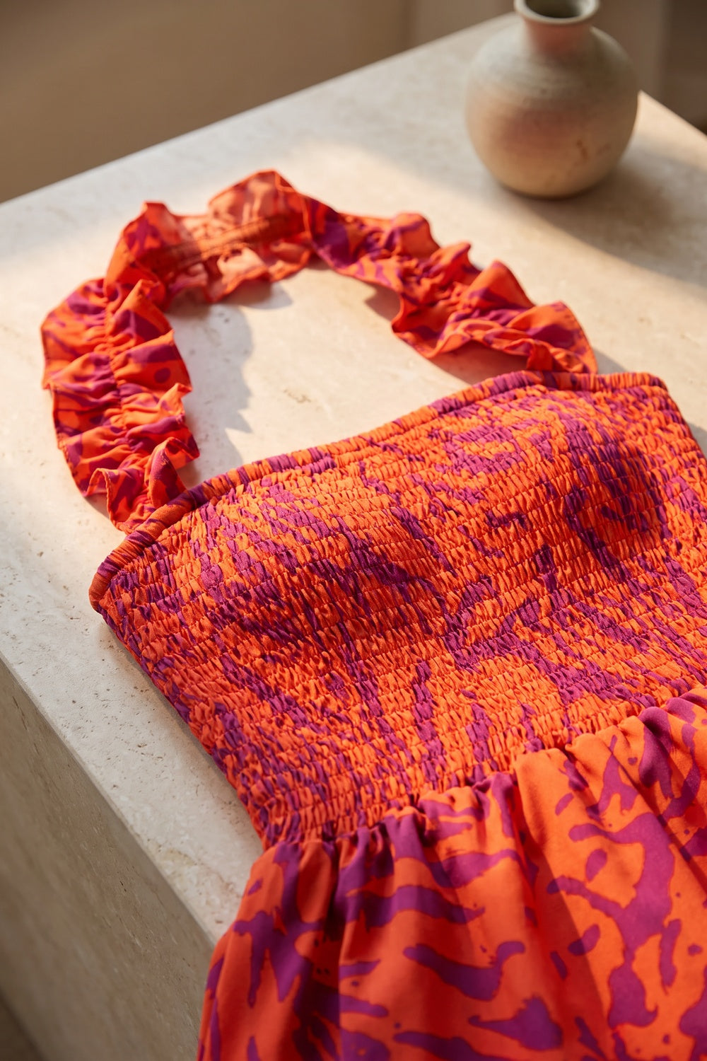 Orange and Purple Abstract Painterly Tiered Halter Maxi Dress orange lightweight woven synthetic tiered halter maxi dress - product view 7