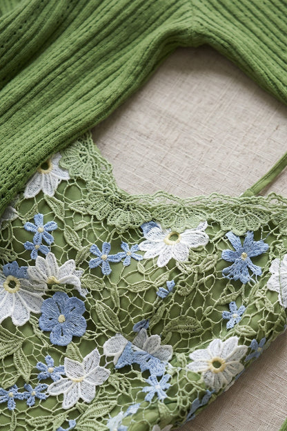 Green Floral Lace Slip Dress & Cropped Shrug Two-Piece Set Green, White, Light Blue Floral lace/crochet Two-piece set (slip dress and shrug) - product view 7
