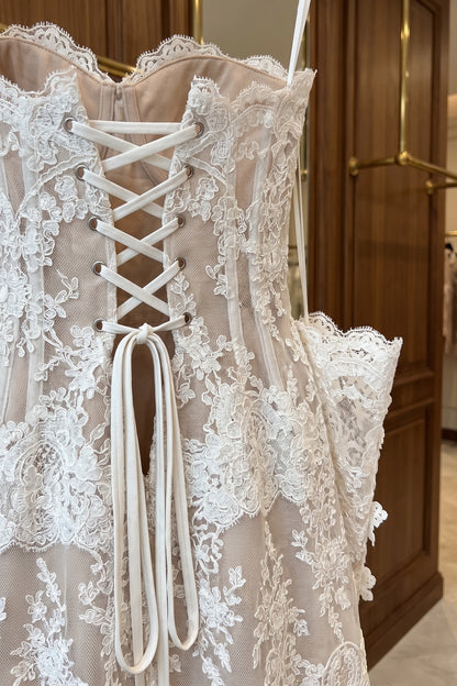 White Floral Lace Fit-and-Flare Corset Mini Dress with Detached Sleeves white floral lace mini dress with detached sleeves - product view 7