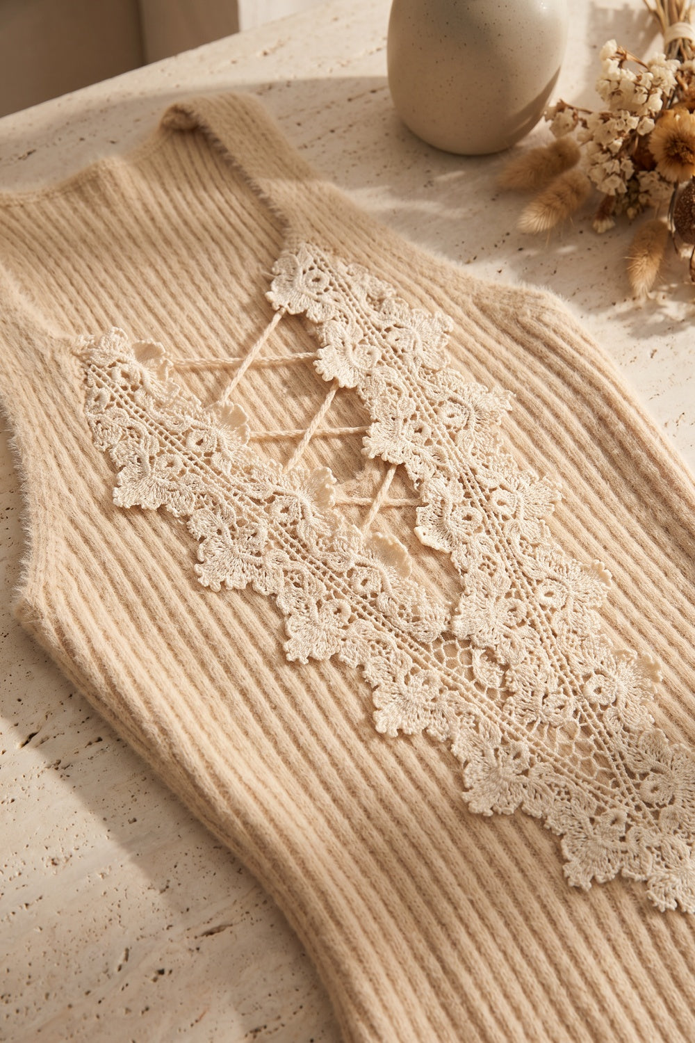 Beige Ribbed Knit Bodycon Mini Dress with Lace Trim beige ribbed knit mini dress - product view 7