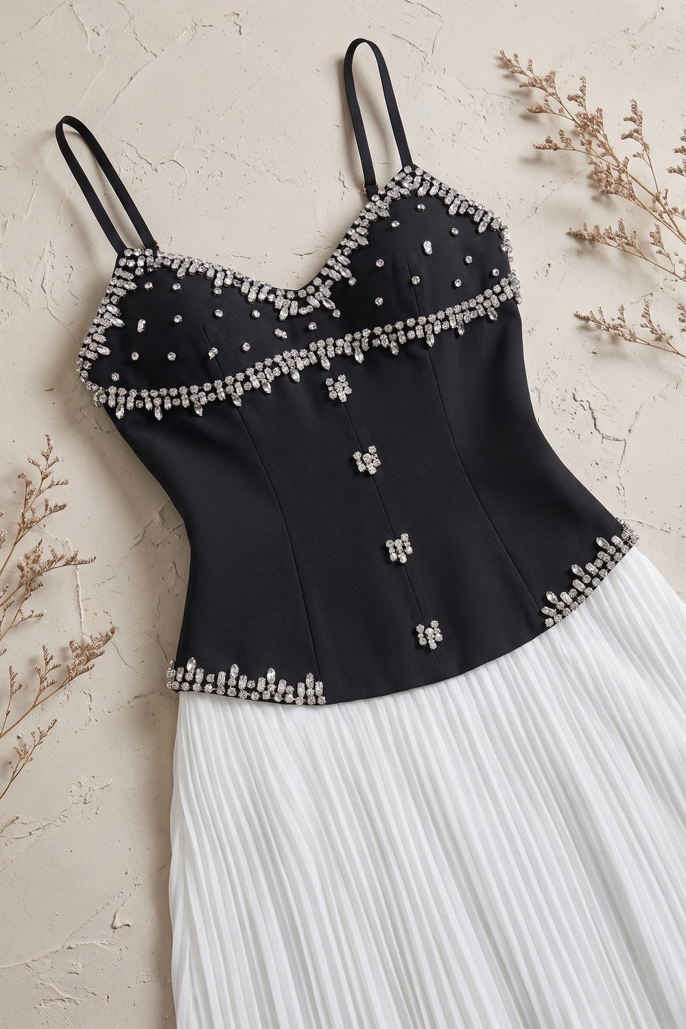 Black Embellished Corset Bodice and White Pleated Maxi Skirt Two-Piece Dress Set black, white structured crepe or satin blend for bodice; lightweight chiffon for skirt two-piece dress set - product view 7