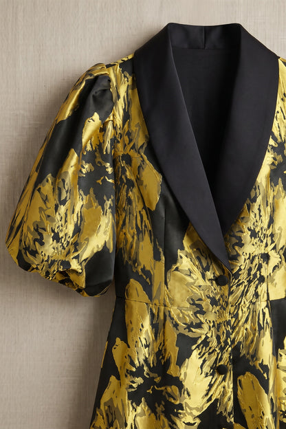 Gold Floral Jacquard A-Line Midi Dress with Contrasted Collar gold, black jacquard dress - product view 7