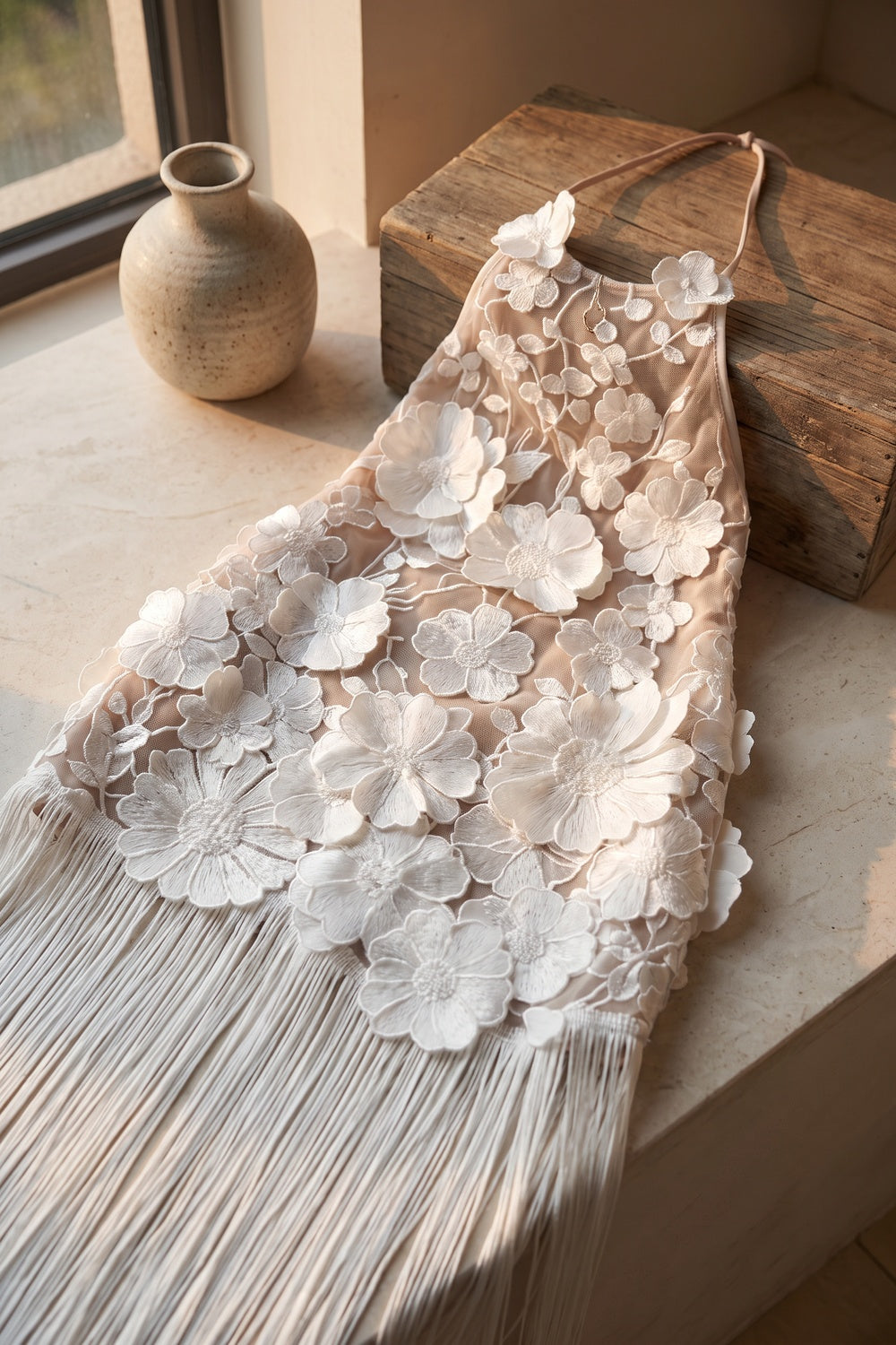 White 3D Floral Mesh Lace Maxi Dress with Fringe Overlay white mesh lace dress - product view 7