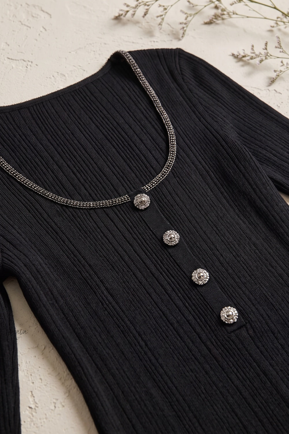 Black Ribbed Knit Fitted Top with Metallic Detail black ribbed knit knit top - product view 7