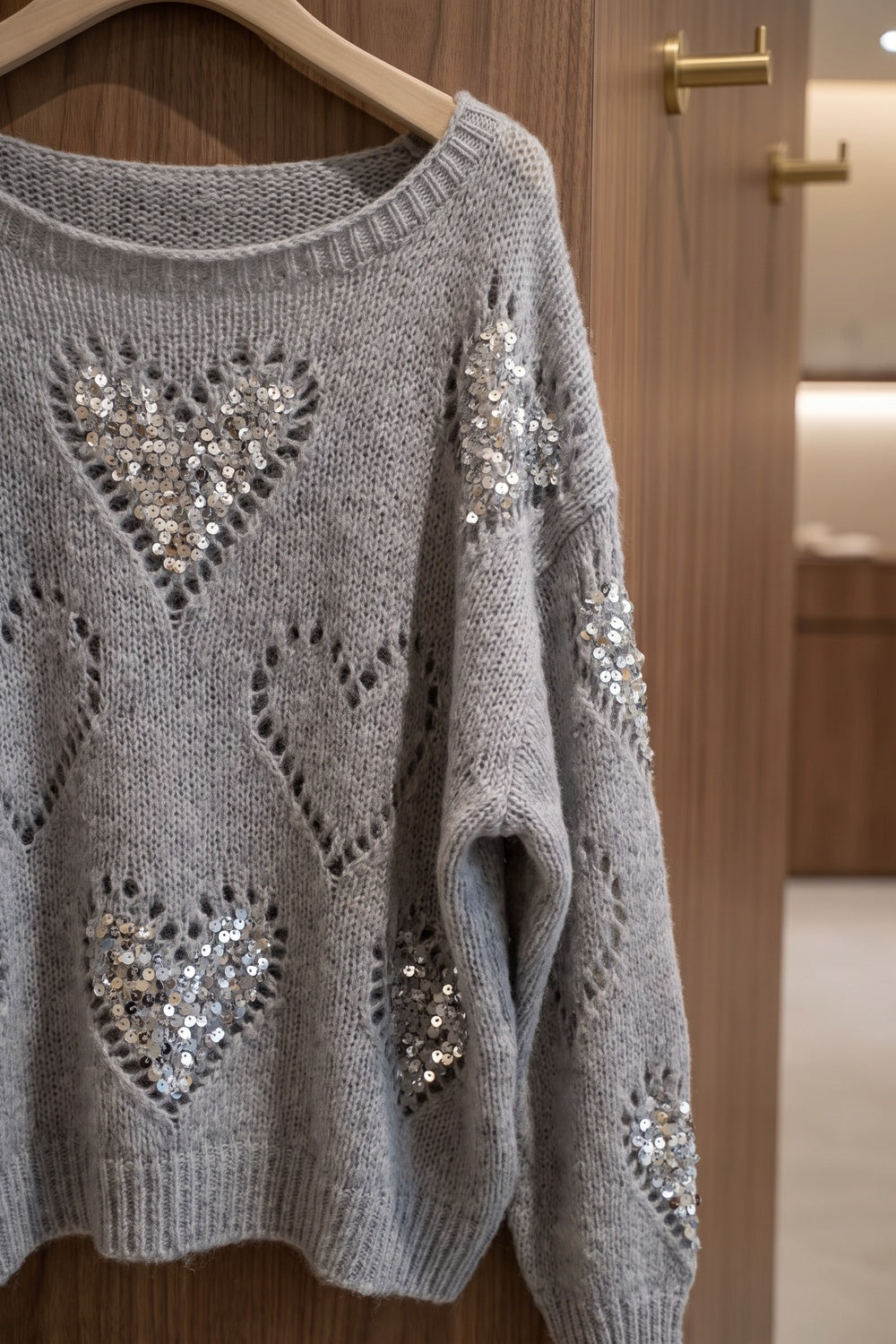 Grey Oversized Slouchy Sweater with Sequin Heart Motifs grey chunky knit yarn sweater - product view 7