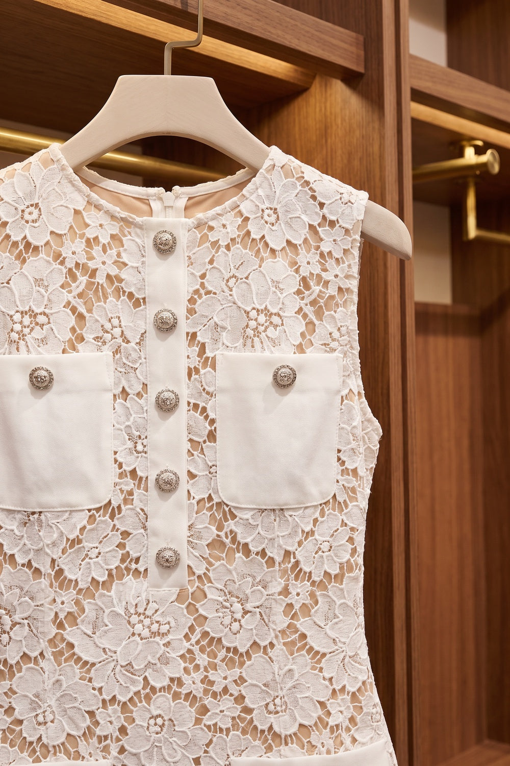 White Floral Lace Shift Dress with Button Pockets white floral lace dress - product view 7
