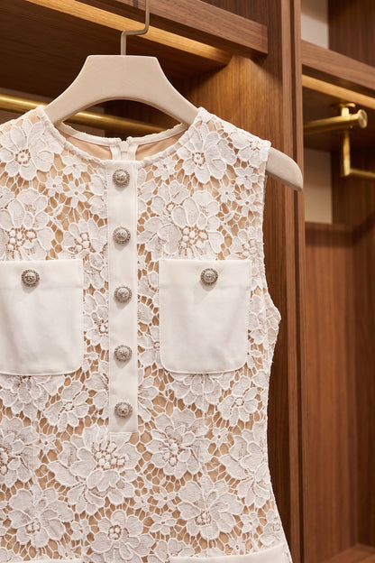 White Floral Lace Shift Dress with Button Pockets white floral lace dress - product view 7