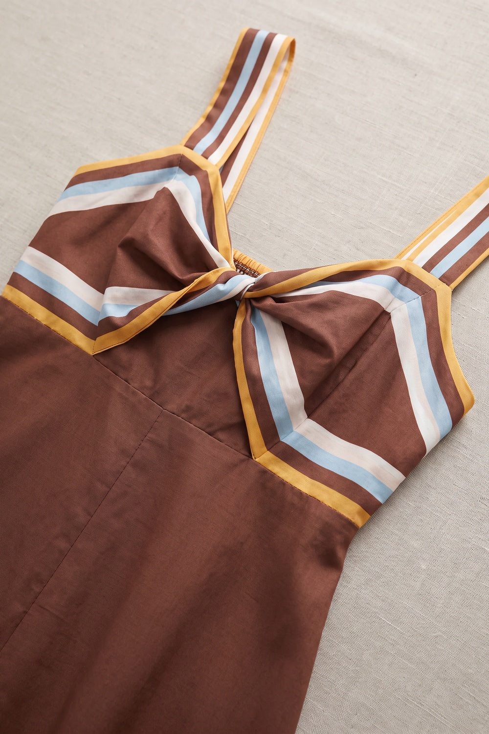Chocolate Brown A-Line Midi Dress with Twisted Bodice and Floral Print chocolate brown structured woven cotton or linen blend dress - product view 7