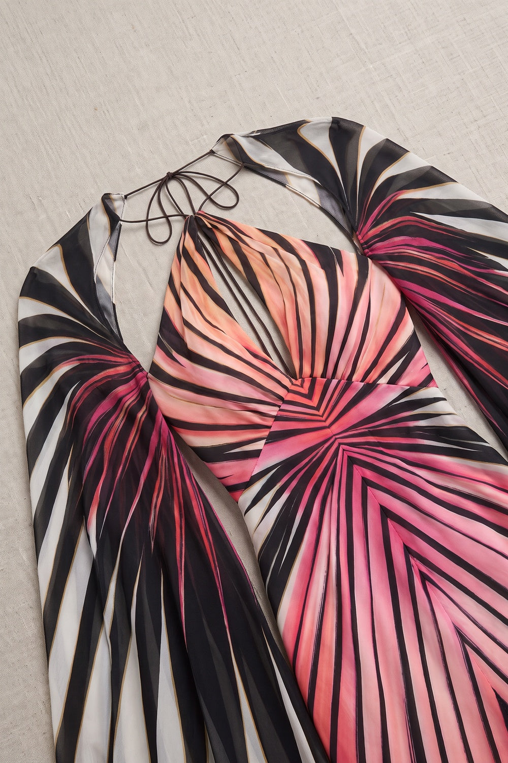 Engineered Radiating Stripe Chiffon Cape Column Gown pink, black, white chiffon gown - product view 7