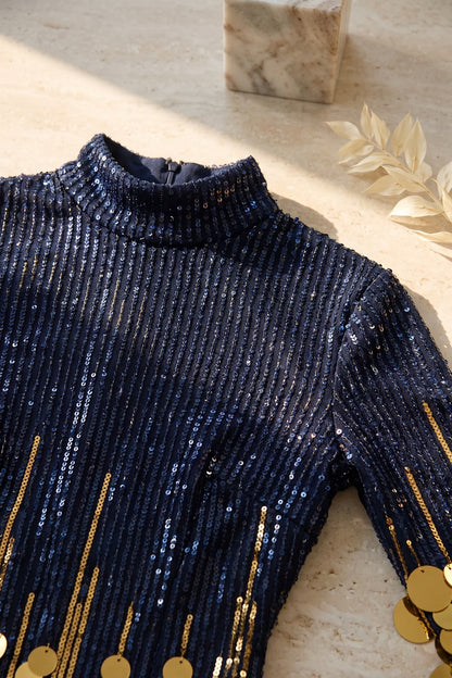 Navy Blue to Gold Ombre Sequin Mini Dress dark navy blue sequined mesh or knit dress - product view 7