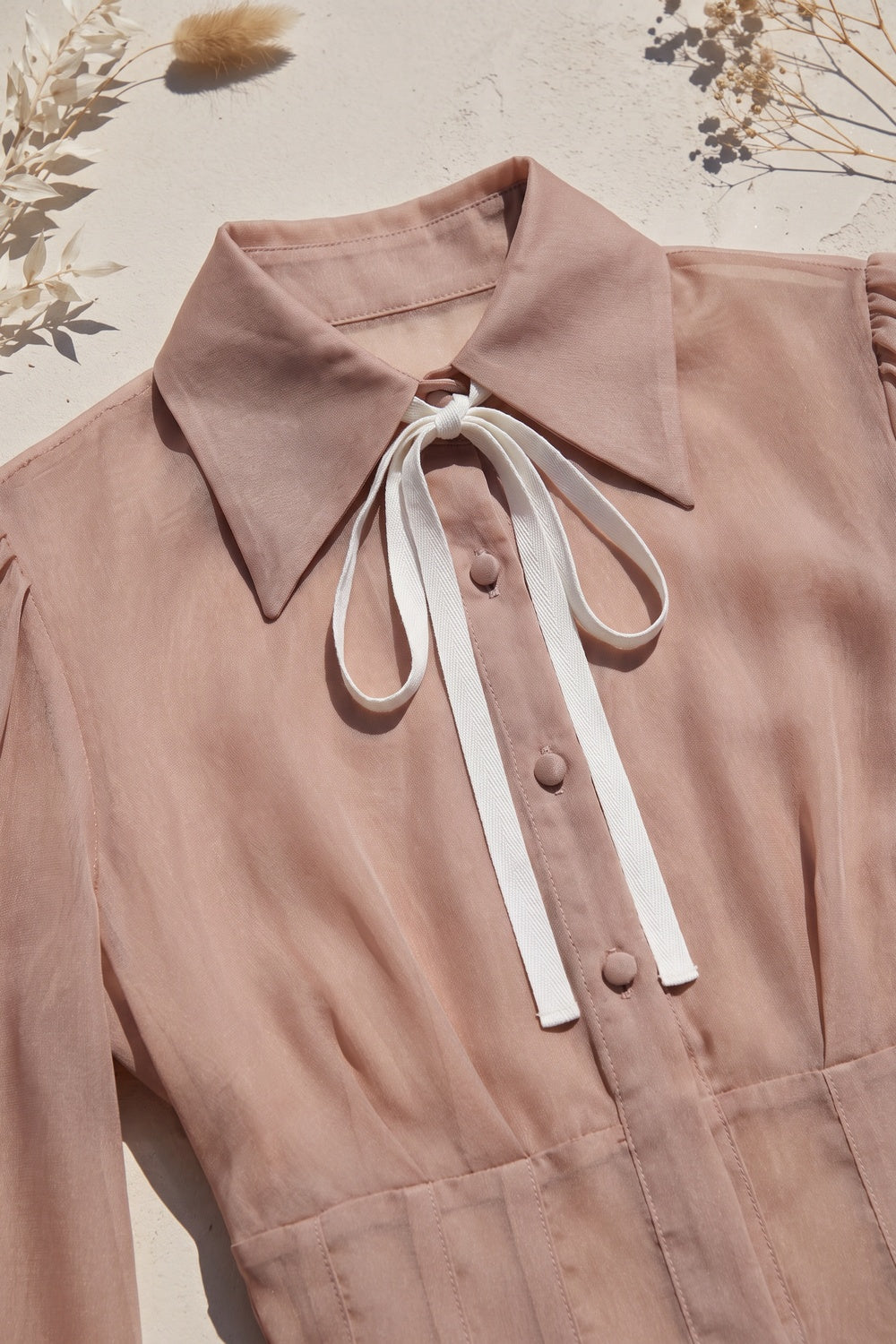 Dusty Rose Chiffon Mini Dress with Puffed Sleeves and Contrast Ribbon Tie Premium Fabric - product view 8