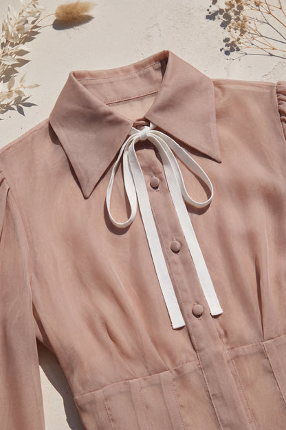 Dusty Rose Chiffon Mini Dress with Puffed Sleeves and Contrast Ribbon Tie Premium Fabric - product view 8