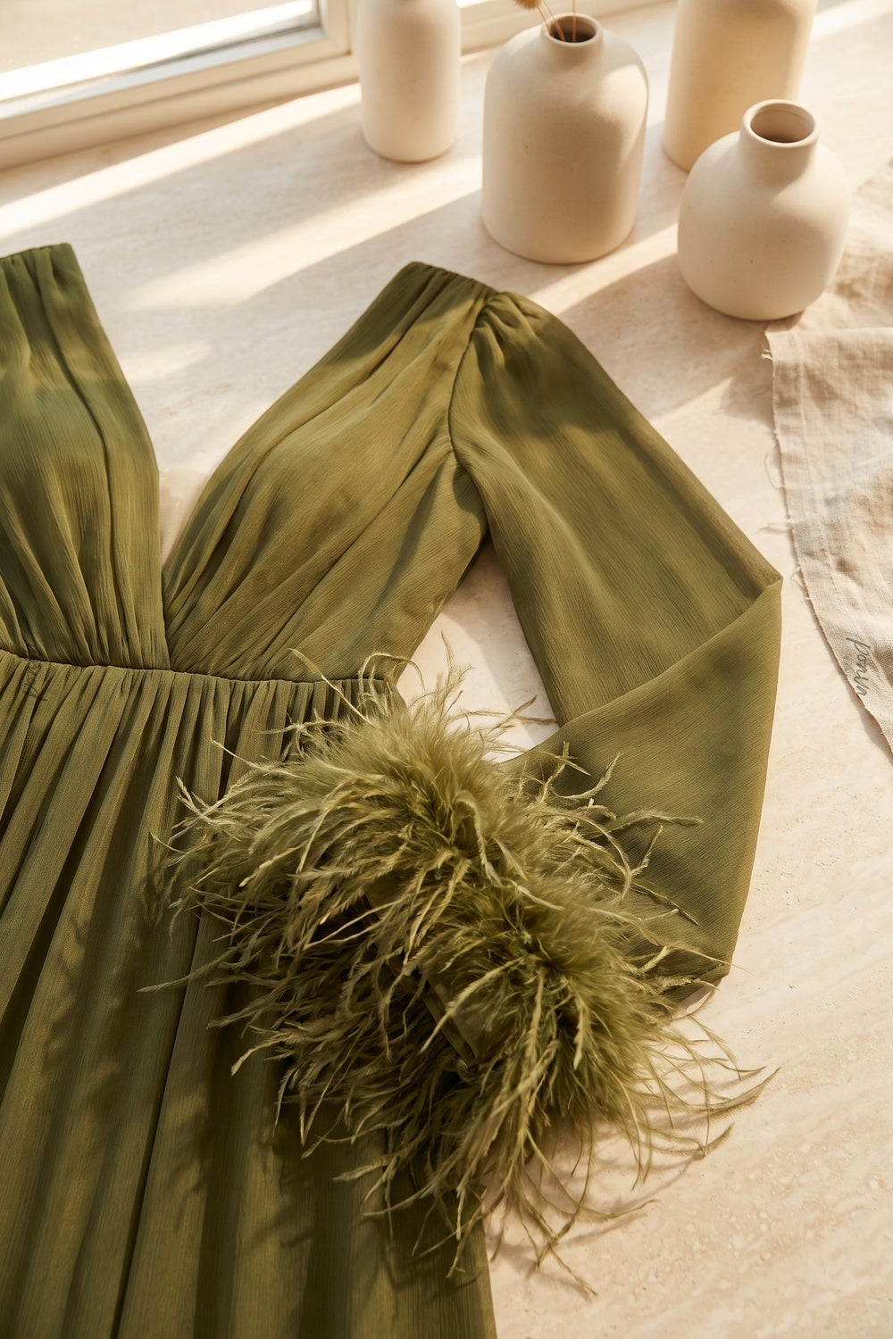Olive Green Chiffon A-Line Evening Gown with High Slit and Feather Cuffs olive green chiffon evening gown - product view 7