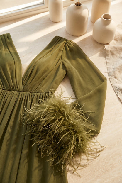 Olive Green Chiffon A-Line Evening Gown with High Slit and Feather Cuffs olive green chiffon evening gown - product view 7