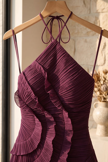 Deep Plum Asymmetrical Pleated Ruffle A-Line Dress deep plum pleated chiffon or georgette dress - product view 7