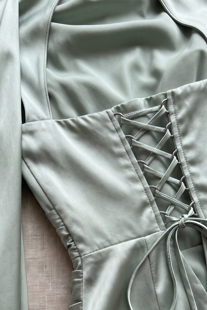Sage Green Satin Asymmetrical Evening Gown with Draped Panel sage green satin evening gown - product view 7