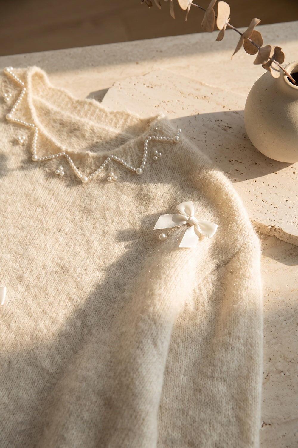 Cream Mohair-Blend Knit Sweater with Pearl and Ribbon Details cream, off-white mohair-blend knit sweater - product view 7