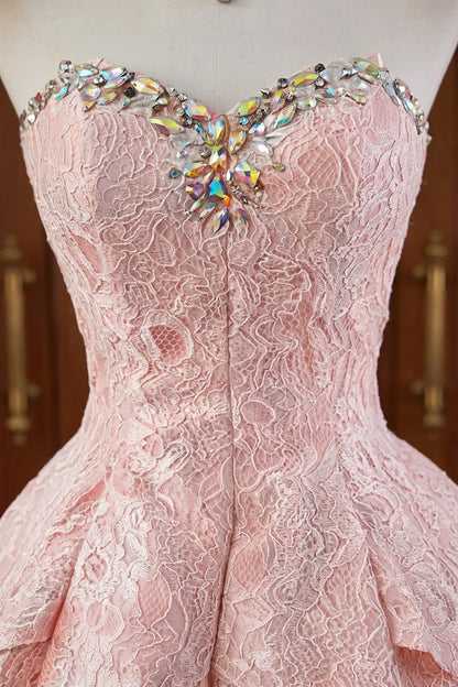 Light Pink Floral Lace Fit-and-Flare Mini Dress with Crystal Embellishments light pink floral lace dress - product view 7