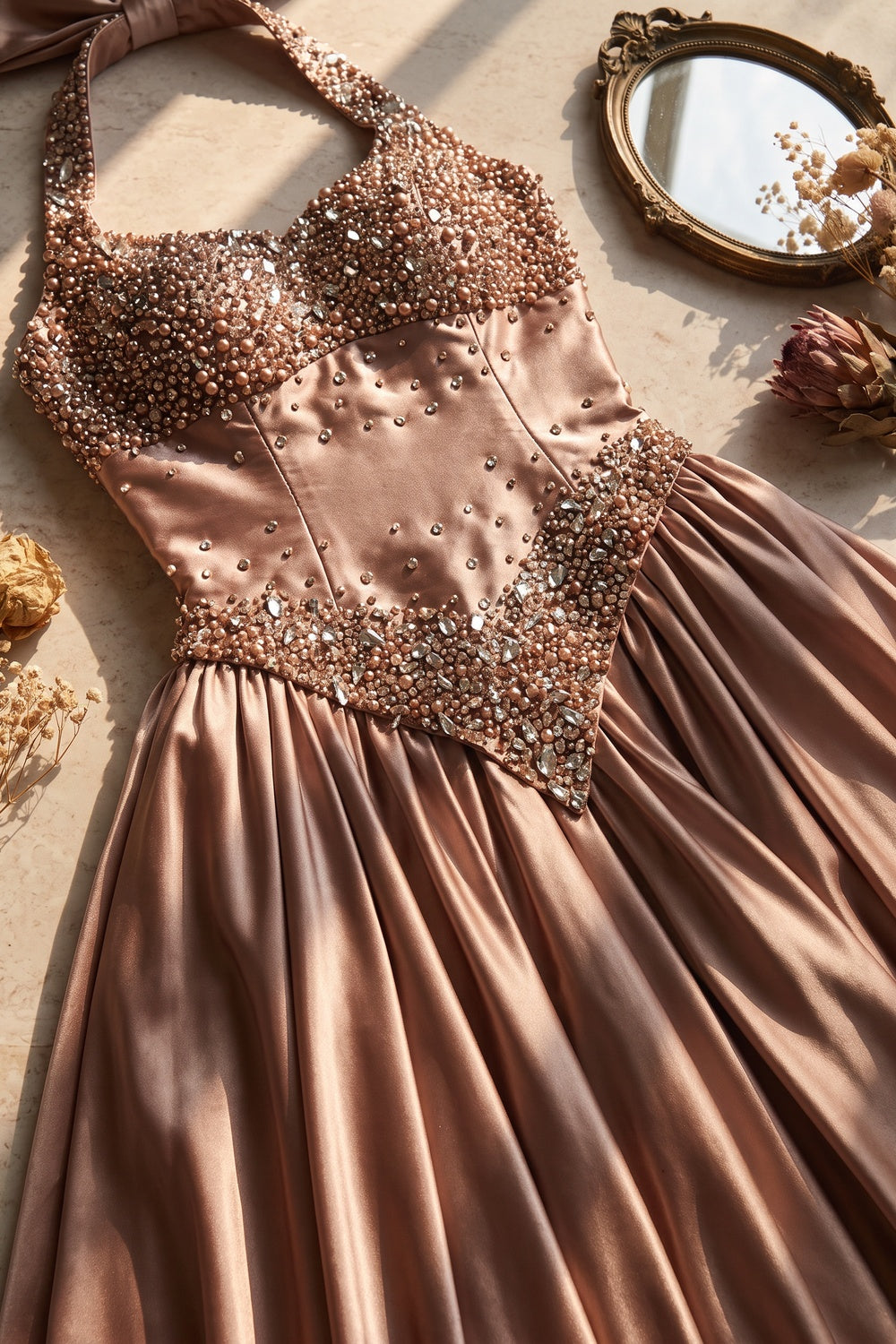 Rose Gold Satin A-Line Evening Gown rose gold, dusty rose satin evening gown - product view 7