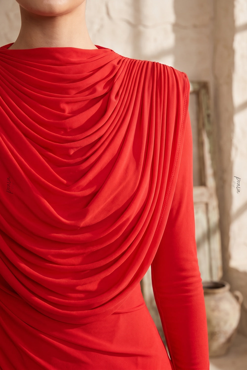 Bright Red Stretch Jersey Column Evening Gown bright red stretch jersey evening gown - product view 7