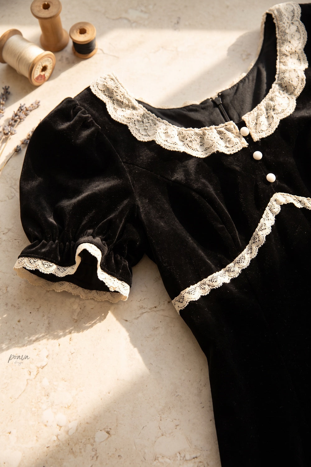 Black Velvet Empire-Waist A-Line Dress with Cream Lace Trim black velvet dress - product view 7