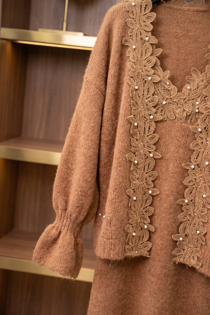 Camel Brown Fuzzy Mohair-Blend Knit Relaxed A-Line Maxi Dress with Open-Front Cardigan Two-Piece Set camel brown fuzzy mohair-blend knit two-piece knit set - product view 7