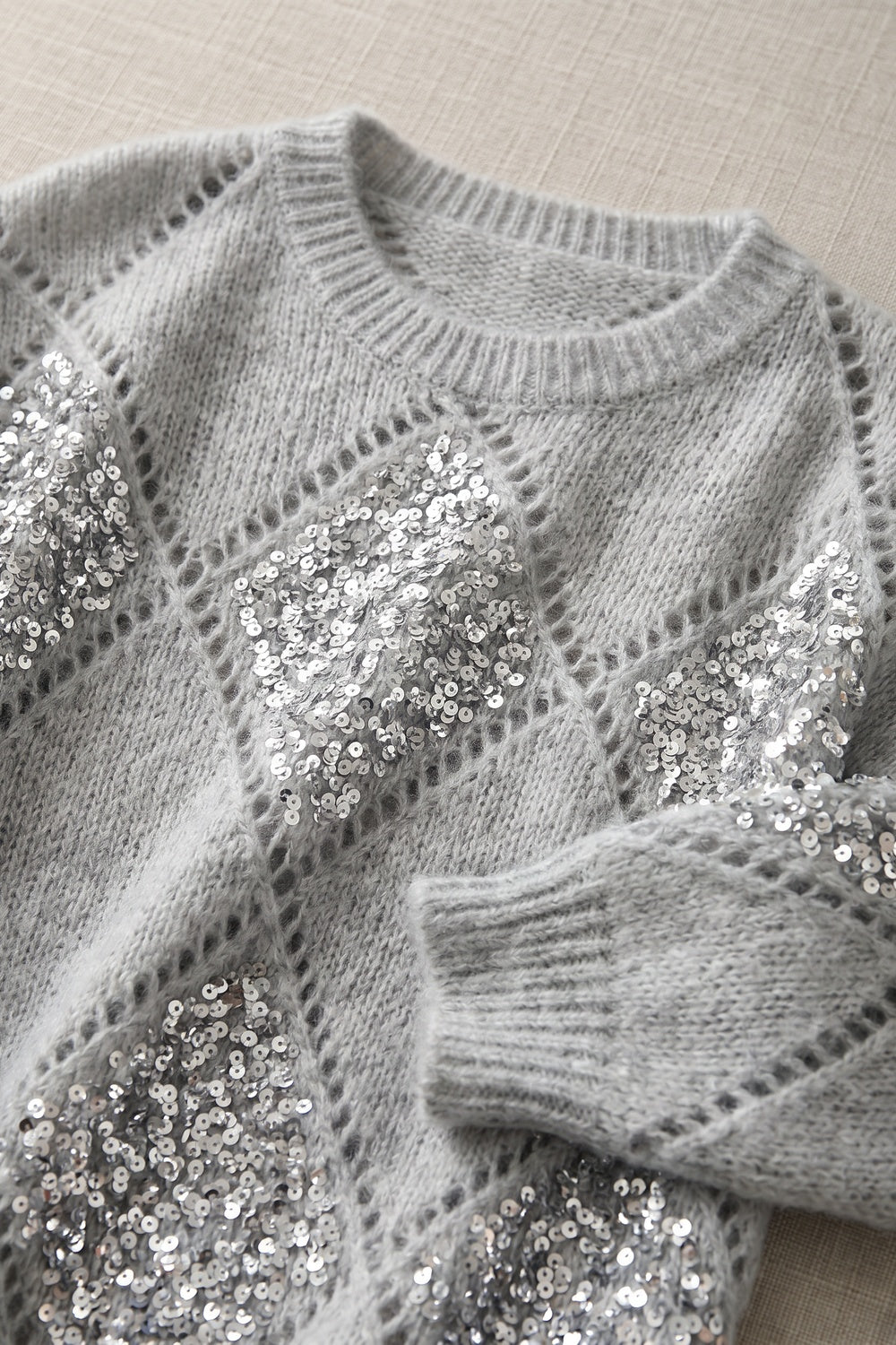 Light Grey Sequin Diamond Oversized Mohair-Blend Sweater light grey fuzzy mohair-blend knit sweater - product view 7