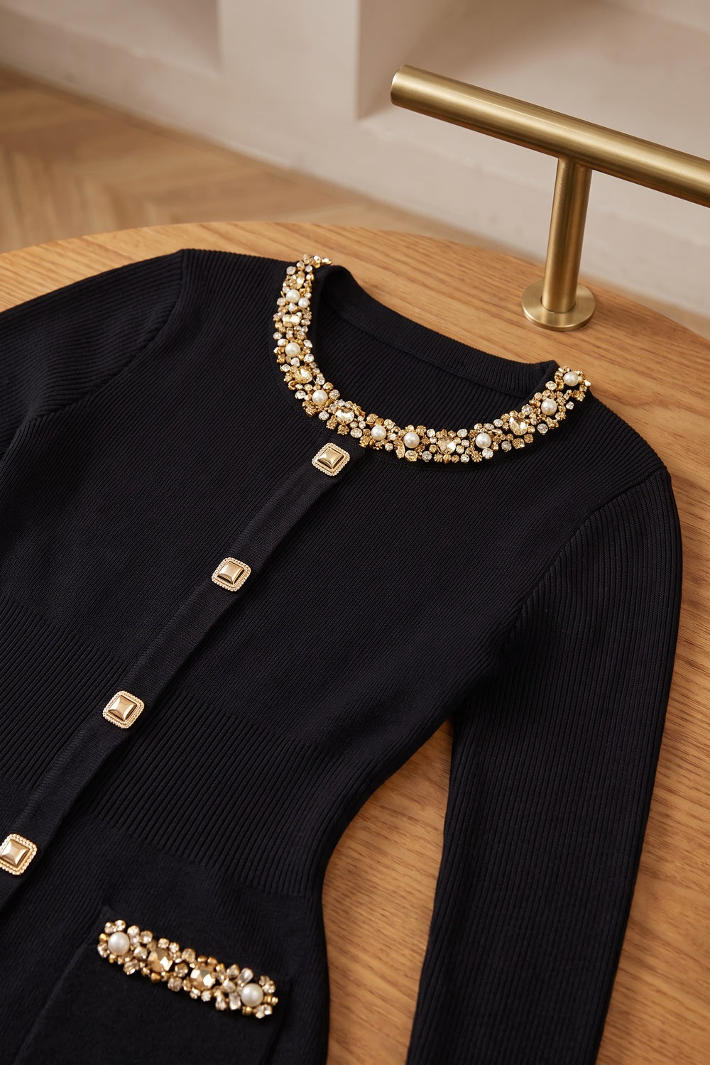 Black Ribbed Knit Bodycon Mini Dress with Gold Embellishment black ribbed knit dress - product view 7