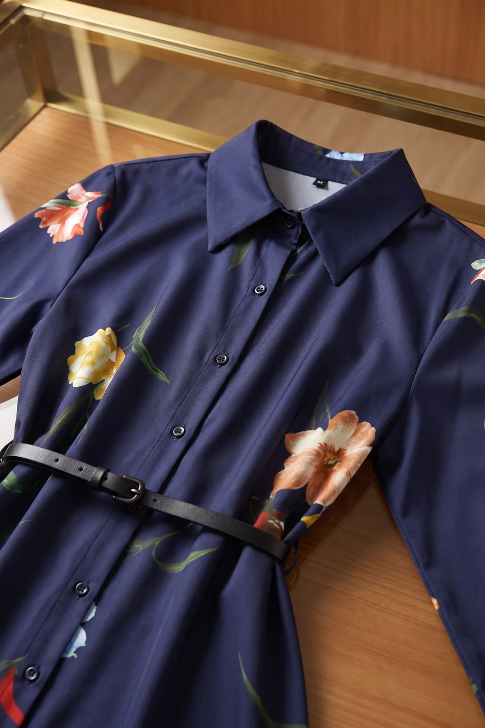 Navy Blue Floral Satin-Weave A-Line Shirt Dress navy blue satin-weave synthetic or silk blend shirt dress - product view 7
