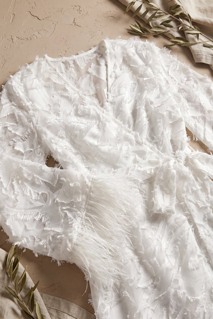 White Textured Eyelash Fabric A-Line Wrap Maxi Dress with Feather Trim white textured eyelash/shredded-ribbon fabric wrap maxi dress - product view 7