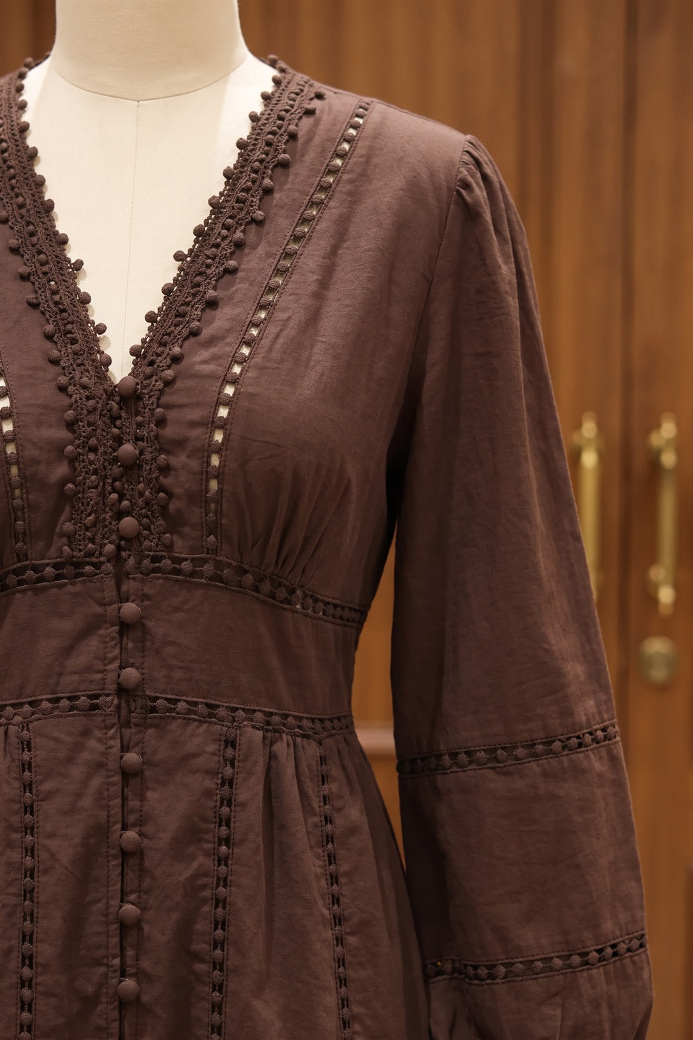 Chocolate Brown Cotton A-Line Tiered Midi Dress with Lace Inserts chocolate brown cotton woven dress - product view 7