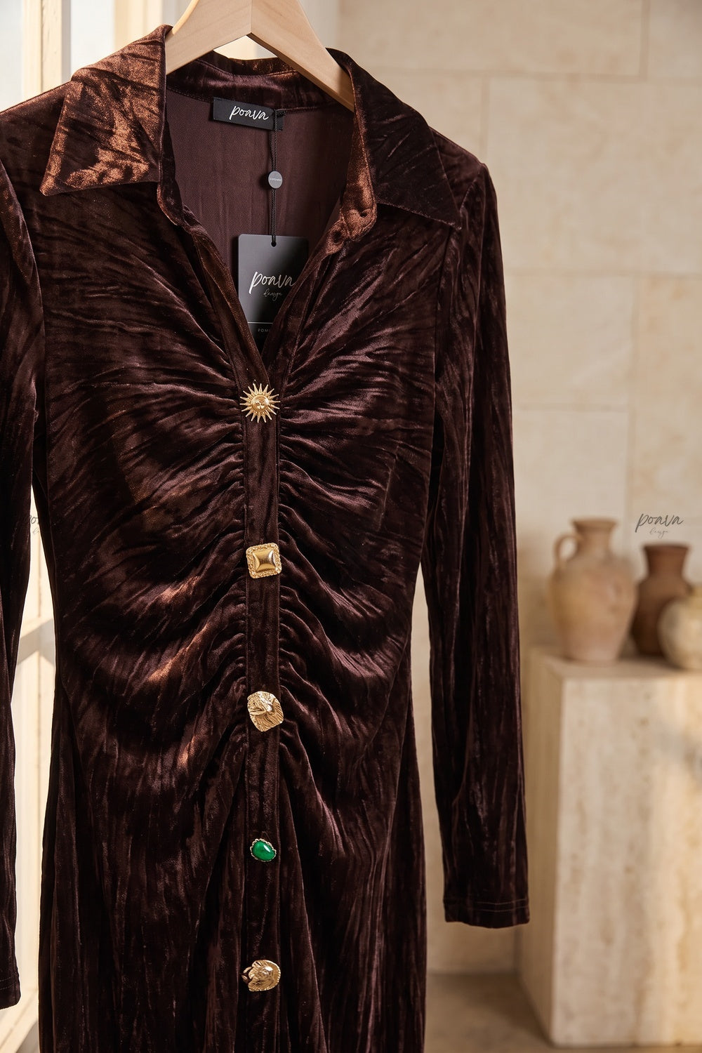 Dark Brown Crushed Velvet Column Maxi Shirt Dress dark brown crushed velvet maxi shirt dress - product view 6