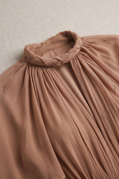 Nude Sheer Chiffon or Georgette Fitted Bodycon Under-Layer with Draped Cape Overlay Mini Dress nude, tan, taupe sheer chiffon or georgette mini dress - product view 5