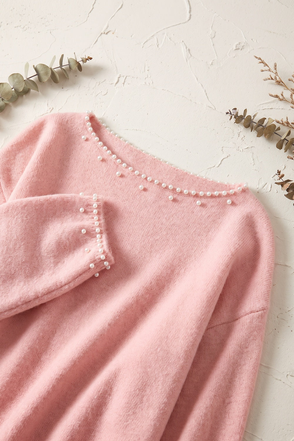 Pastel Pink Pearl Trim Drop Shoulder Sweater pastel pink soft fine knit sweater - product view 7