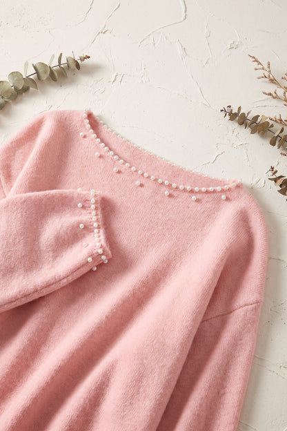 Pastel Pink Pearl Trim Drop Shoulder Sweater pastel pink soft fine knit sweater - product view 7