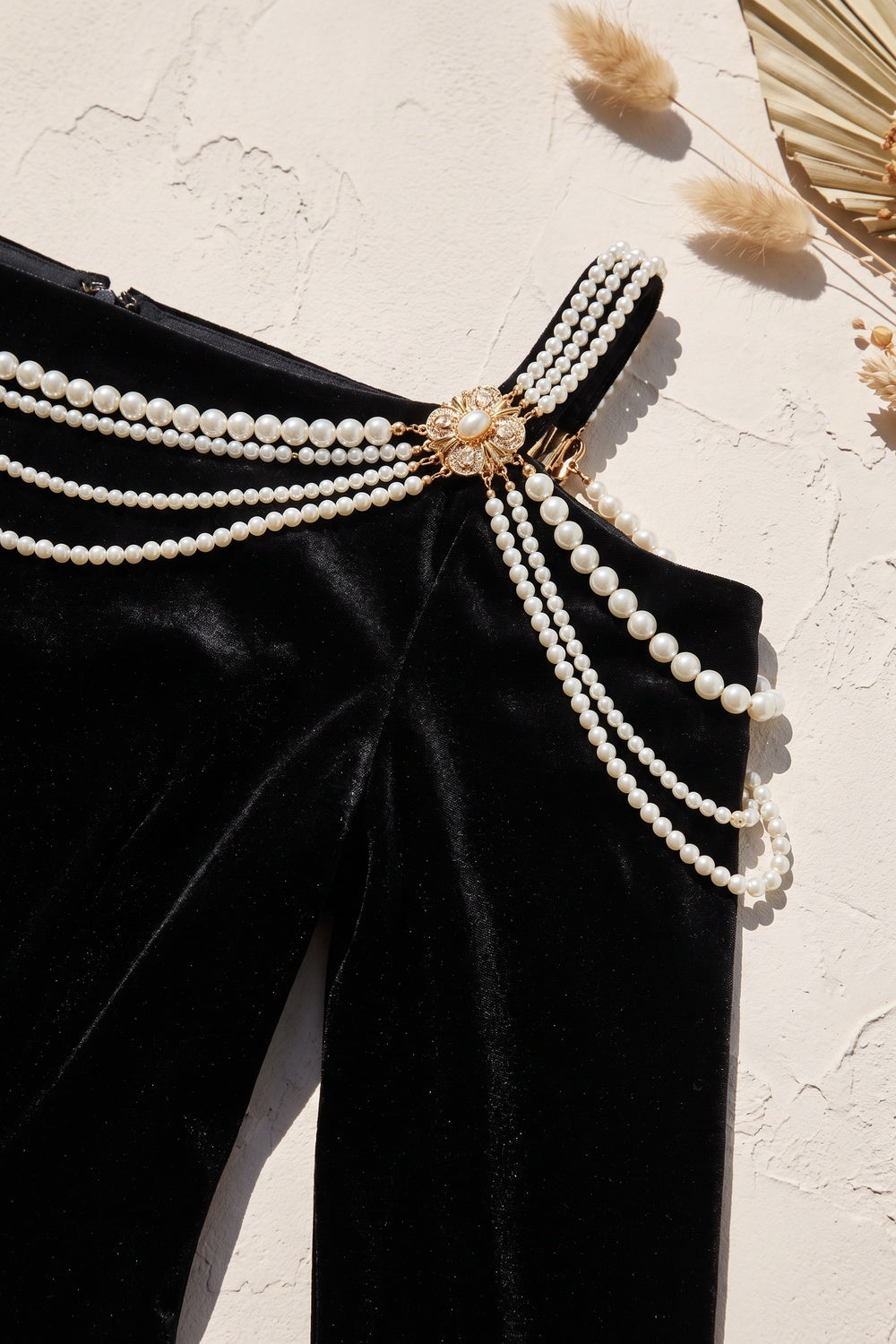 Black Velvet Cold-Shoulder Sheath Dress with Pearl Strands black velvet dress - product view 7