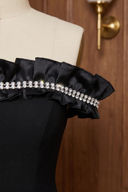 Black Structured Crepe Column Gown with Rhinestone Ruffle black structured crepe gown - product view 7