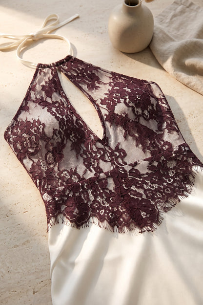 Dark Plum Lace Bodice Satin Column Dress in Ivory ivory satin dress - product view 7