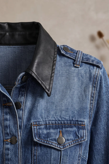 Medium Blue Denim A-Line Shirt Dress with Contrast Collar medium blue denim shirt dress - product view 7