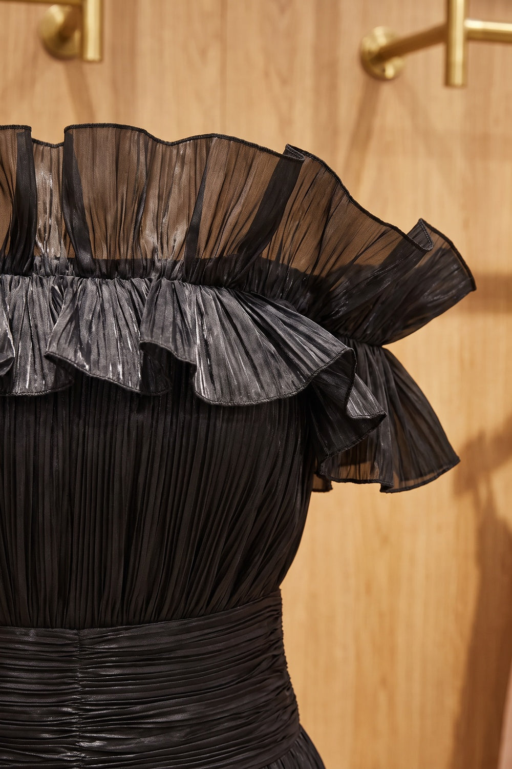 Black Pleated Organza Fit-and-Flare Midi Dress black pleated organza or taffeta dress - product view 7