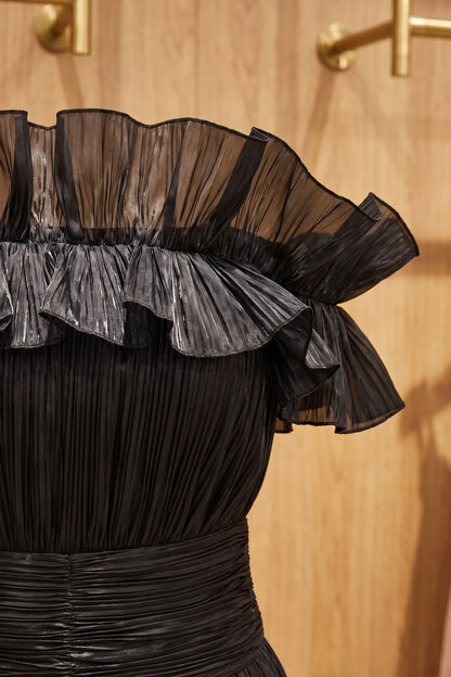 Black Pleated Organza Fit-and-Flare Midi Dress black pleated organza or taffeta dress - product view 7