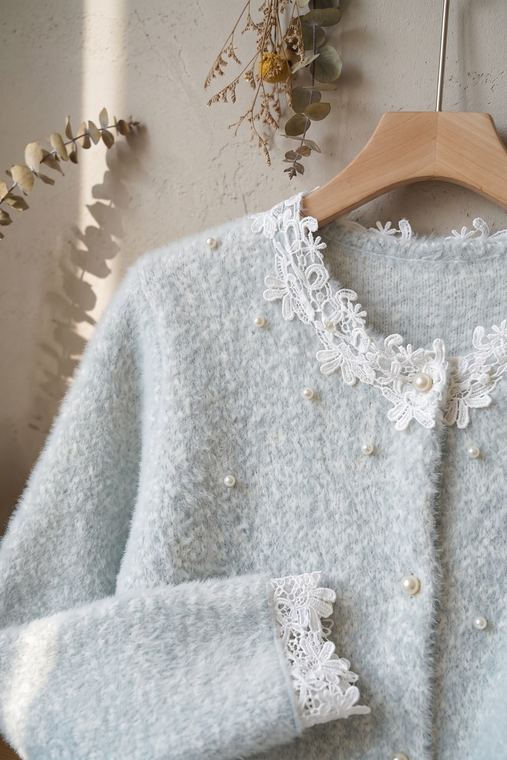 pale ice blue mohair-blend knit boxy, slightly cropped cardigan pale ice blue, light grey mohair-blend knit cardigan - product view 7