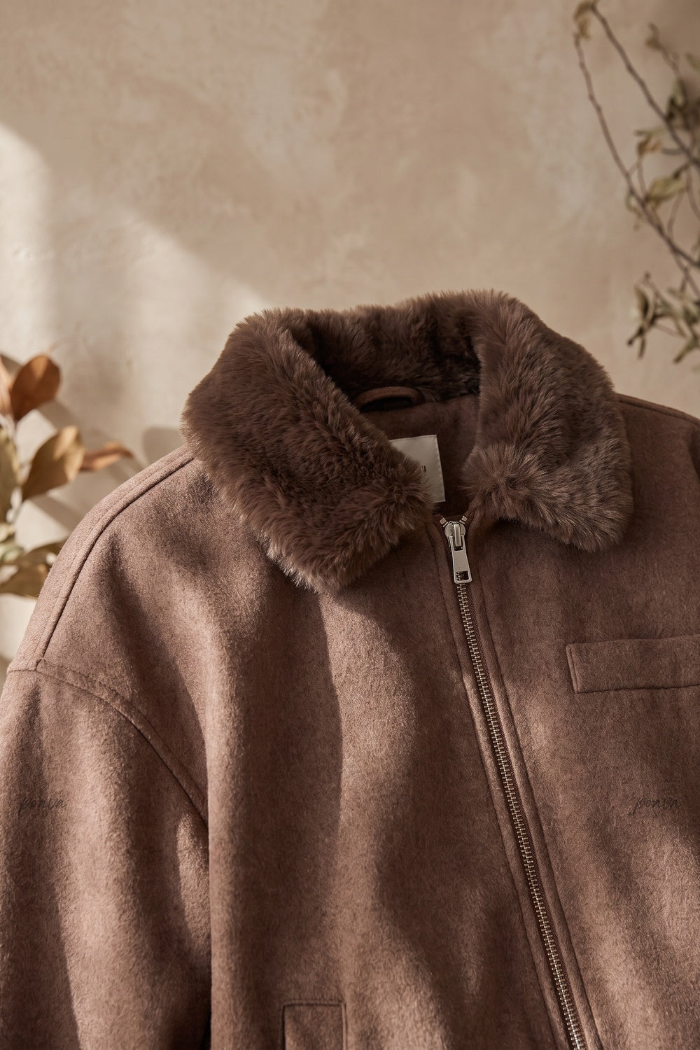 Medium Brown Boxy Bomber Jacket with Faux Fur Collar medium brown brushed woven fabric bomber jacket - product view 7