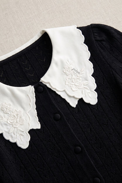 Black Pointelle Knit Cardigan with White Embroidered Collar black fine pointelle knit cardigan - product view 7